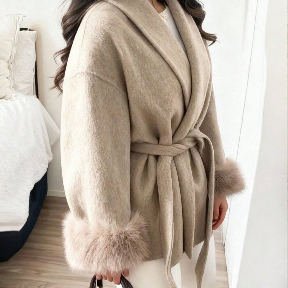 Khaki Casual Women's Elegant Long Sleeve  Faux Fur trimmed Warm jacket Coat - Picture 2 of 9